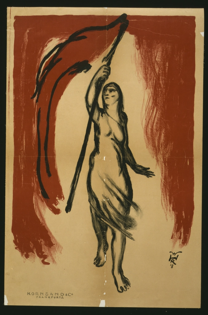 Woman carrying red flag W.R.H